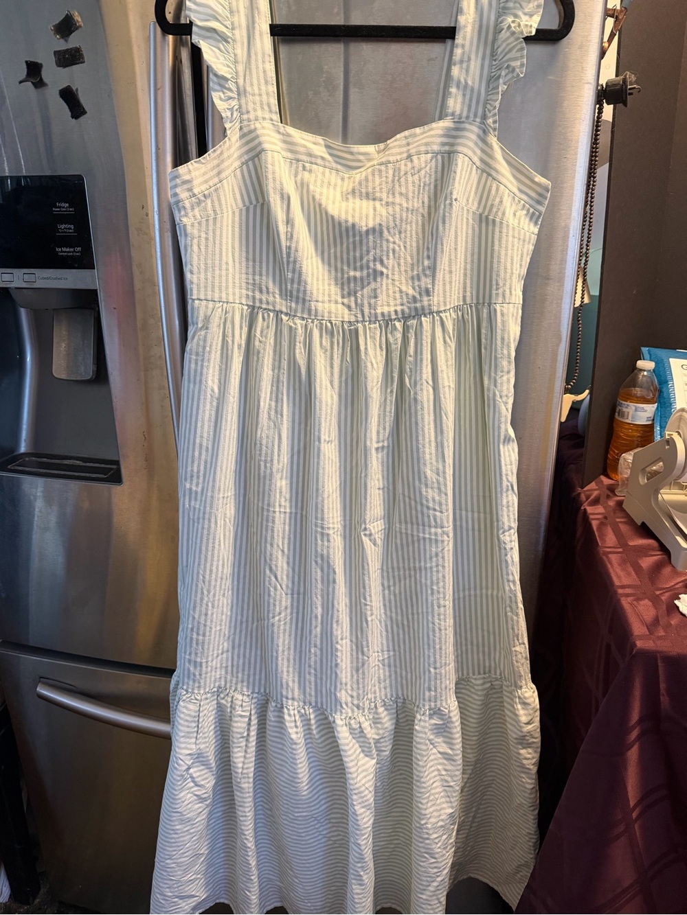 Gal Meets Glam Light Blue & White Striped Ruffle-Shoulder Midi Dress